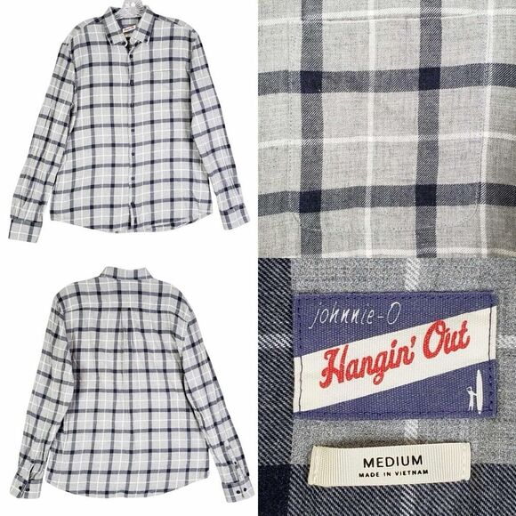 Johnnie O Shirt Mens Hangin' Out Plaid Button Down Size Medium M Gray Blue - Picture 1 of 11